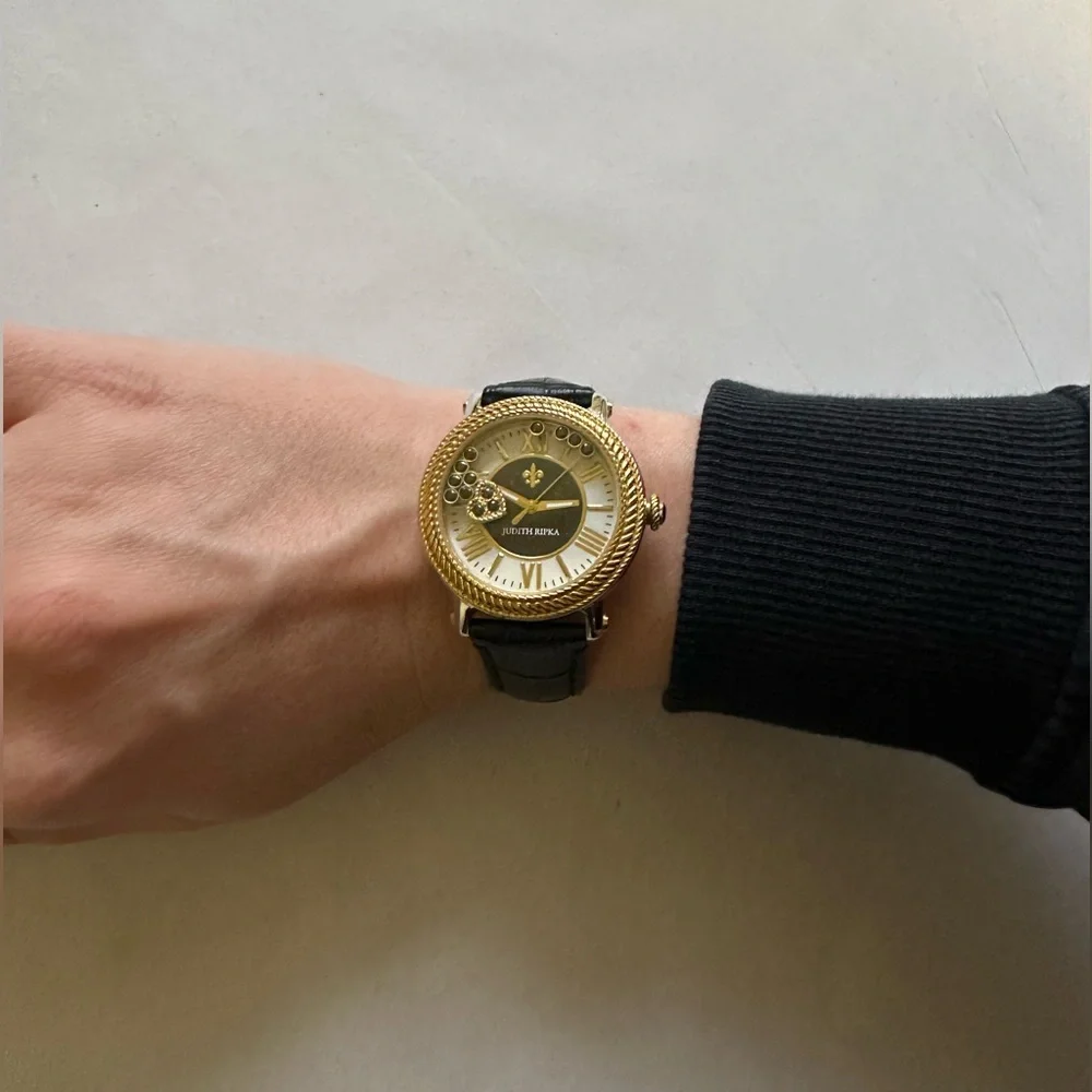 Judith Ripka Gold/Black Odyssey Diamonique Stainless Steel Leather Watch